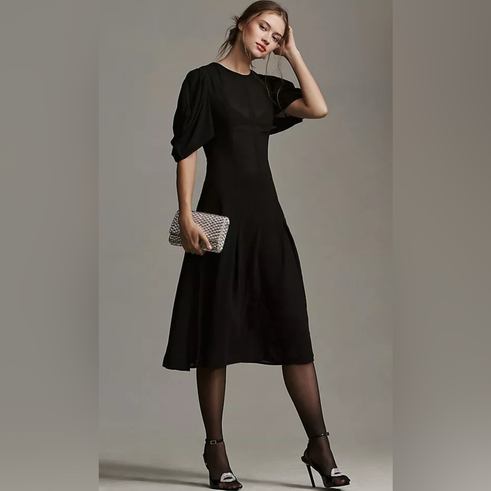 Anthropologie Black Midi Dress with Puff Sleeves